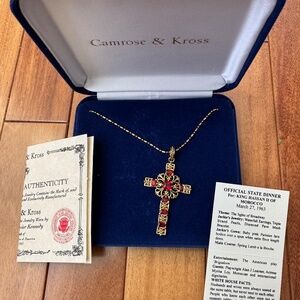 Camrose & Kross Jacqueline Bouvier Kennedy Gold Cross Necklace with Red Stones